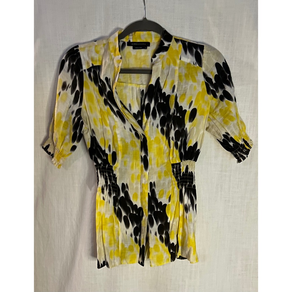 BCBGMAXAZRIA Vintage Yellow Black Abstract Ink Blot Smocked Waist Blouse Top XS